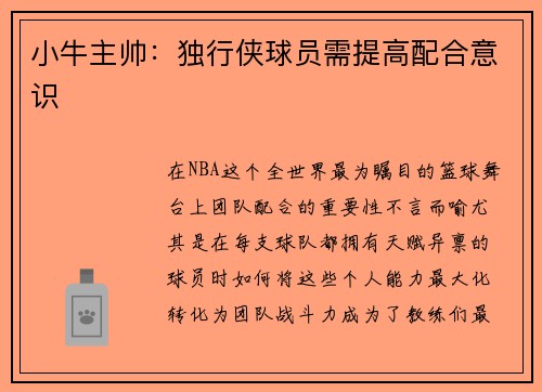小牛主帅：独行侠球员需提高配合意识