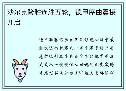 沙尔克险胜连胜五轮，德甲序曲震撼开启